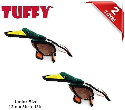 TUFFY - World's Tuffest Soft Dog Toy - Barnyard Duck - Squeakers - Multiple Layers. Made Durable, Strong & Tough. Interactive Play (Tug, Toss & Fetch). Machine Washable & Floats. (Junior 2 Pack)