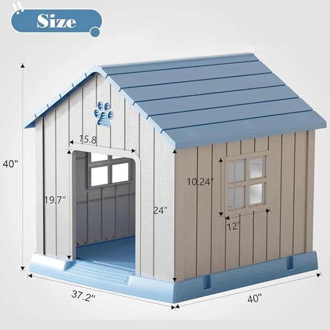 Dog House for Outdoor & Indoor Use with Window, Waterproof Ventilated Kennel with Elevated Floor, Easy to Clean Shelter for Small Medium Large Dogs (Blue, 37.2" L x 40" W x 40" H)