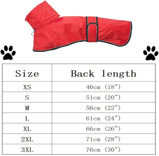 Dog Raincoat with Reflective Bar, Rain/Water Resistant, Adjustable Vest - Dog Raincoats for Greyhounds, Lurchers and Whippets - Red - L