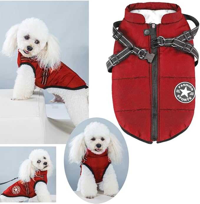 Aiboria Dog Jacket Coat Windproof Jackets Warm Pet Vest Fleece Dog Sweater Padded Vest with Chest Strap Harness Red 3XL