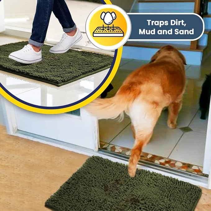 Muddy Mat® AS-SEEN-ON-TV Highly Absorbent Microfiber Door Mat and Pet Rug, Non Slip Thick Washable Area and Bath Mat Soft Chenille for Kitchen Bedroom Indoor and Outdoor - Army Green 24" x 120"