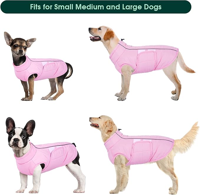 Kuoser Dog Jacket, Winter Dog Coats for Medium Dogs, Reflective Doggie Cold Weather Coats Pet Clothes, Puppy Snow Jacket for Frech Bulldog, Boston Terrier, Pink L
