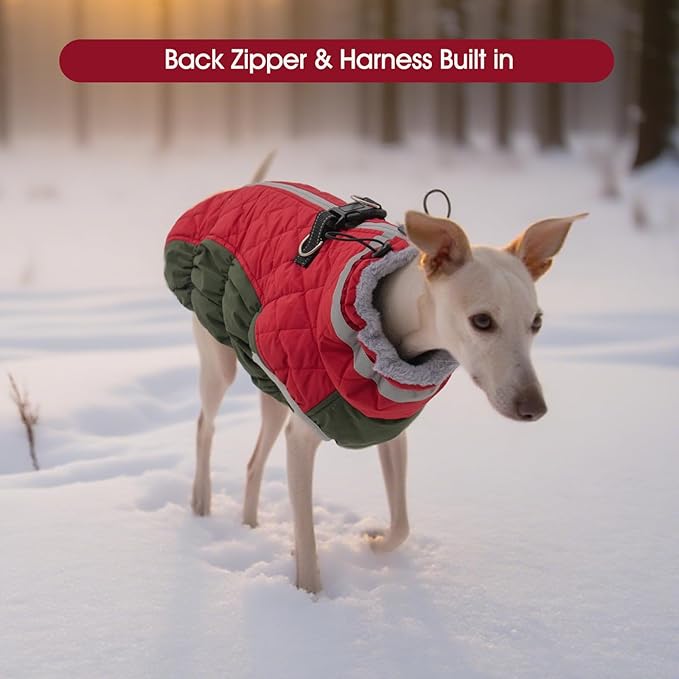 FUAMEY Dog Coat for Large Dogs,Waterproof Dog Winter Jacket with Harness Built in Puppy Cold Weather Coats Reflective Pet Vest with Zipper Warm Fleece Dogs Snowsuit Windproof Christmas XXL