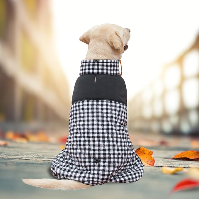 Dog Jackets for Winter, Reversible Dog Coat Windproof Waterproof Jackets for Cold Weather, British Style Plaid Coats Warm Vest for Small Medium Large Dogs (Black, 5XL)