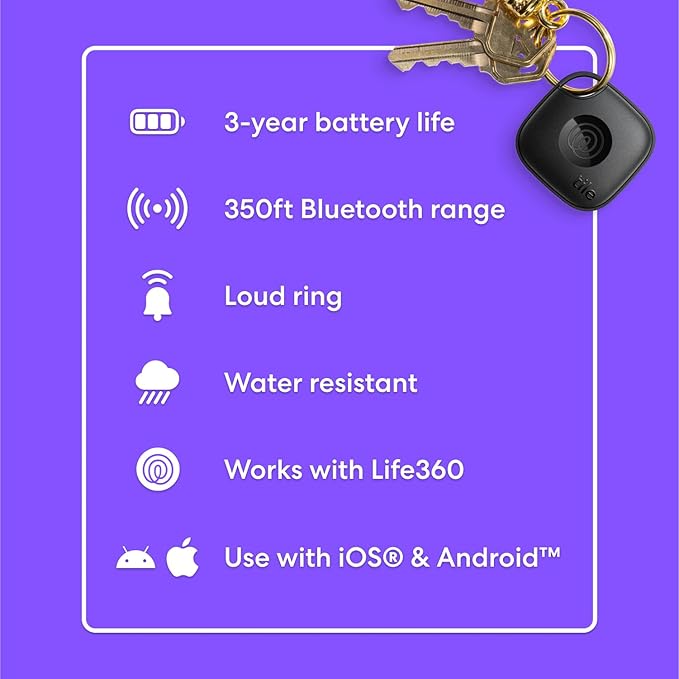 Tile by Life360 Mate - Bluetooth Tracker, Keys Finder and Item Locator for Keys, Bags and More. Phone Finder. Both iOS and Android Compatible. 1-Pack (Black)