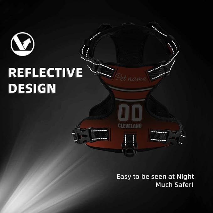 Custom Cleveland Dog Harness with Reflective Stripes Personalized Name and Number Dog Vest Harness with Pet Traction Rope for Small Medium Large Dog