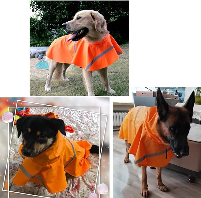 Adjustable Large Dog Raincoat with Strip Reflective - Waterproof Pet Rain Jacket Hoodie Poncho,for Large and Medium Dogs (Orange,XXL)