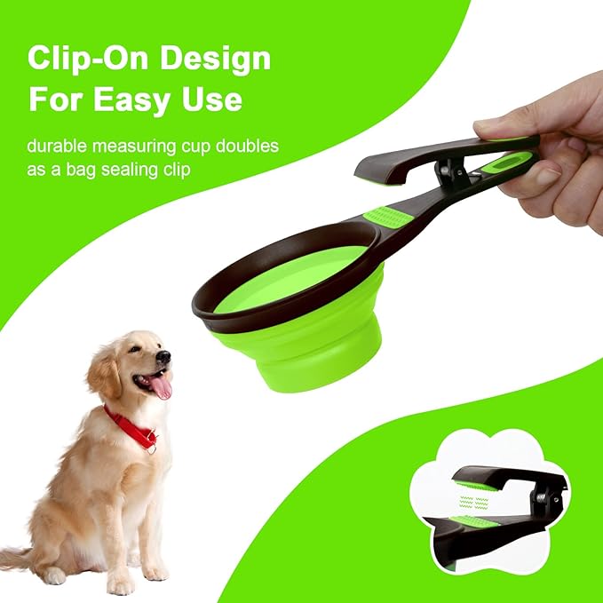 Collapsible Silicone Dog Food Scoop Foldable Pet Food Measuring Cup with Bag Clip 3 in 1 Multi-Function Silicone Dog Food Scooper (Green, Medium)