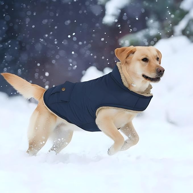 ASENKU Warm Dog Winter Coat, Waterproof Dog Coat for Cold Weather, Fleece Dogs Jacket with Ultra Thick Plush Lining Leash Hole Storage Pockets for Medium Large Dogs (Navy Blue, Large)