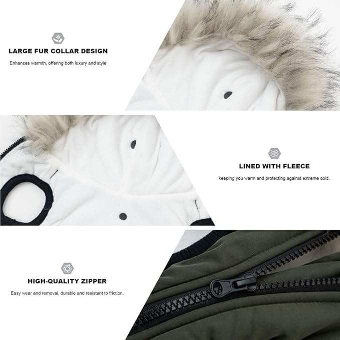PINA Dog Winter Coat - Waterproof & Faux Fur Hooded Jacket with Reflective Strap for Medium/Small Dogs, Green, L/XL