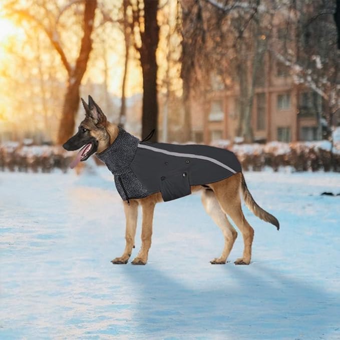 SlowTon Winter Dog Coat, Warm Polar Fleece Lining Doggie Outdoor Jacket with Turtleneck Scarf Reflective Stripe Adjustable Waterproof Windproof Puppy Vest Soft Pet Outfits (XXL,Grey)