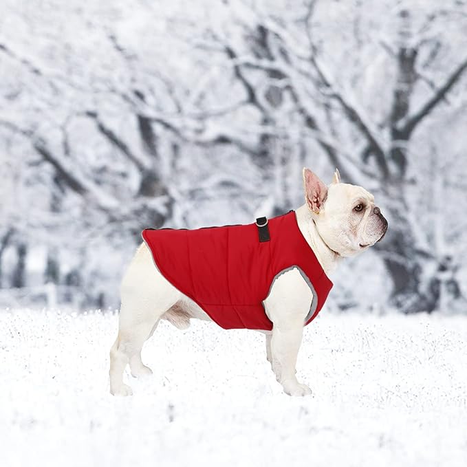 Geyecete Dog Bulldog Clothes Dog Cotton Padded Coat Thick Winter Warm Vest Waistcoat Cold Weather Jacket Clothing for French Bulldog Coat-Red-S