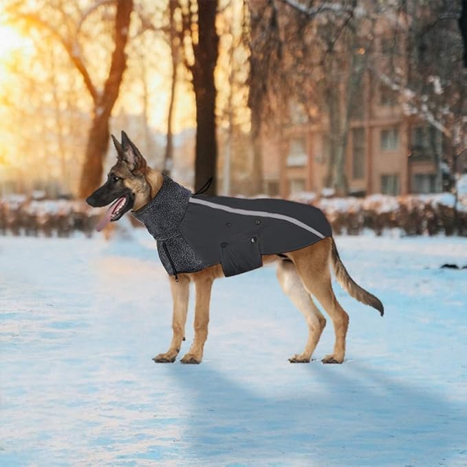 SlowTon Winter Dog Coat, Warm Polar Fleece Lining Doggie Outdoor Jacket with Turtleneck Scarf Reflective Stripe Adjustable Waterproof Windproof Puppy Vest Soft Pet Outfits (L+,Grey)
