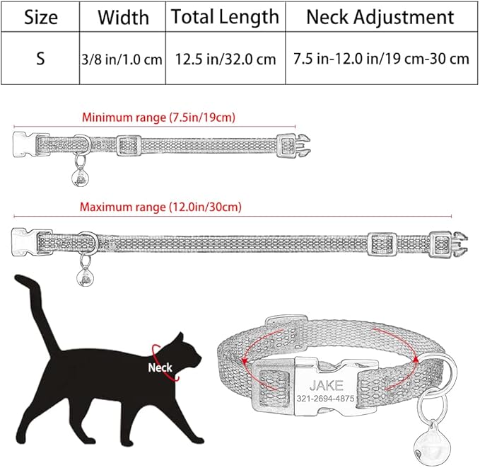 Personalized Reflective Nylon Cat Collar with Name Phone,Custom Engraved Buckle Cat Collar with Bell,Adjustable for Small Dogs Puppy Kitten (Black,fit 7.5''-12.0'')