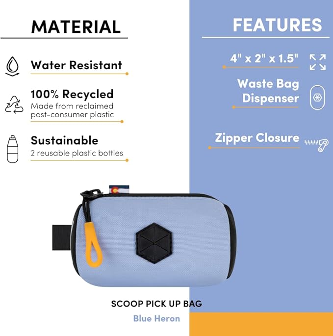 OllyDog Scoop Pick Up | Dog Poop Bag Holder | Lightweight & Water-Resistant Dispenser | Leash Attachment for Hands-Free Carry | Fits Standard Waste Bag Rolls (Blue Heron)