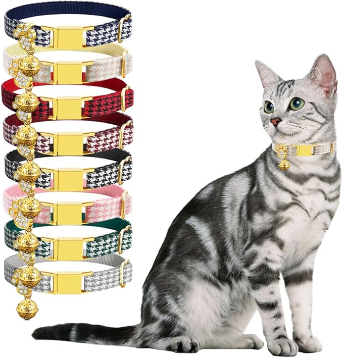 Personalized Breakaway Cat Collars - Magnetic Buckle, Bell - Safety Quick Release, Customized for Girls & Boys Cats- (Houndstooth-Khaki)