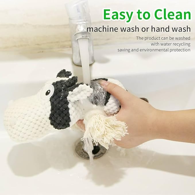 COWIE - Durable Plush Cow Dog Toy with Rope β Soft Chew Toy for Puppies Small Medium & Large Dogs β Crinkle Ears, Teeth-Cleaning & Interactive Squeaky Dog Toys