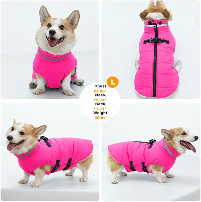 Large Dog Coat with Harness Built-in, Waterproof Reflective Fleece Lined - Warm Windproof Winter Jacket with Back Zipper, Cold Weather Snow Dog Coats - Pink - 3XL