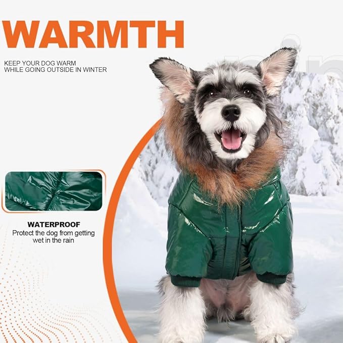 PINA Dog Winter Coat with Faux Fur Hood, Windproof and Warm, Suitable for Small to Large Dogs, Green, S