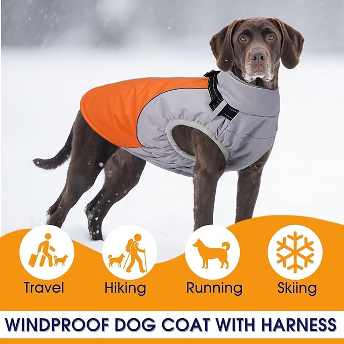Dog Coats for Large Dogs,Winter Waterproof Jacket with Collar Built in,XXL Dog Coat for Cold Weather Warm Snow Jacket with Thermal Fleece Lining,Reflective Pet Snowsuit Large,Orange,2XL