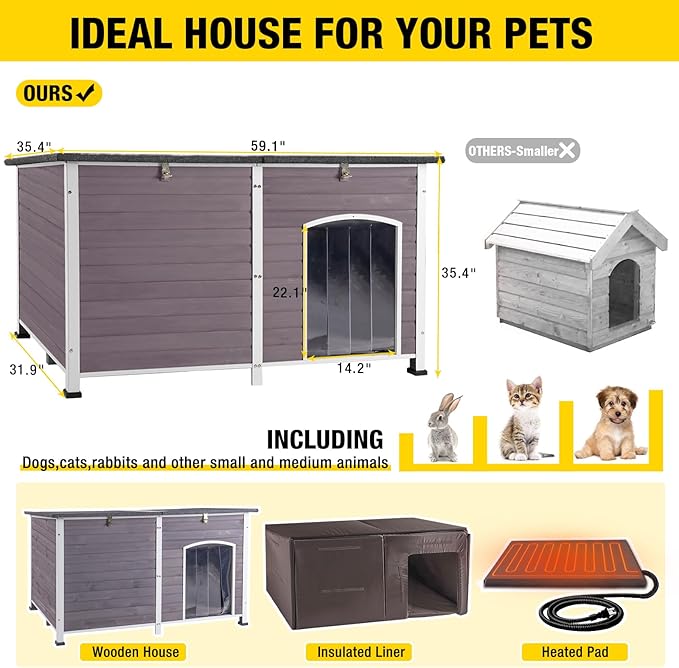 Heated Dog House with Electric Heating Pad Extra Large 59.1" Outdoor & Indoor Dog Kennl with Insulated Liner Keep Warm in Winter, Waterproof Pet Shelter, Strong Metal Frame,35.4"D x 59.1"W x 35.4"H