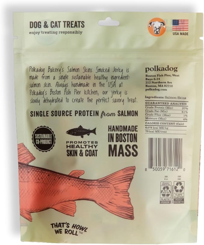 Polkadog Salmon Skins for Dogs (3oz Shortie) – All-Natural Dog Treats – Made in USA, Single Ingredient, Omega-3 Rich, Grain-Free & Hypoallergenic Salmon Jerky for All Breeds