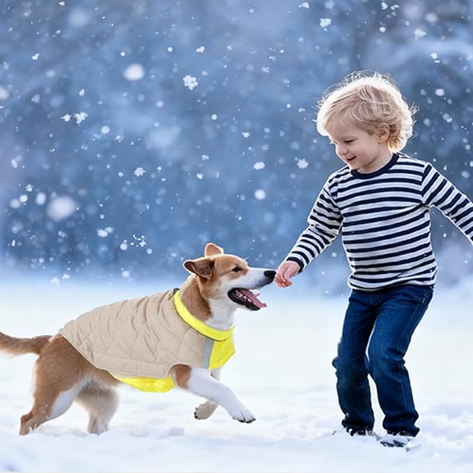 Quilted Dog Winter Coat, Plaid Lined Reversible Vest, Reflective Safety Strip, Cold Weather Pet Apparel Yellow S