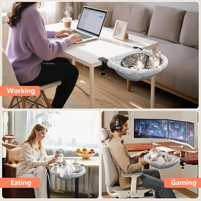 X-Large Cat Desk Bed – 19"x15" Spacious Nest, Dual Clamps & Sunken Hammock Design, Comfy Cat Desk Hammock with Faux Rabbit Fur Cover, Removable & Washable, Holds Up to 40lbs