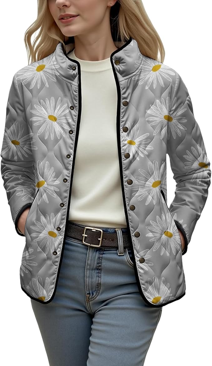 LIZALIG Women's Cropped Puffer Jacket Lightweight Floral Print Long Sleeve Padded Quilted Puffy Cardigan Coat