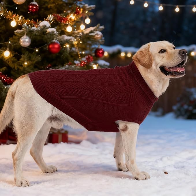 PUPTECK Dog Sweater, Turtleneck Warm Knitted Pullover Coat, Thick Cable Knitwear Clothes in Winter, Pet Apparel Outfits for Large Dogs, for Cold Weather Indoor & Outdoor, Deep Red ML