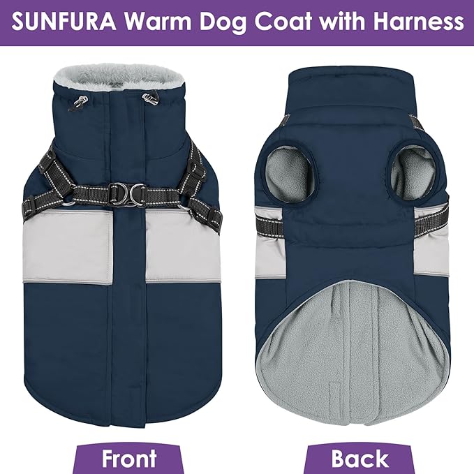 SUNFURA Dog Winter Coat, Waterproof Dog Coat Jacket with Harness for Medium Dogs Boys Girls, Reflective Fleece Lined Pet Snow Jacket Sweaters for Pug, Jack Russel, Boston Terrier, Navy Blue M