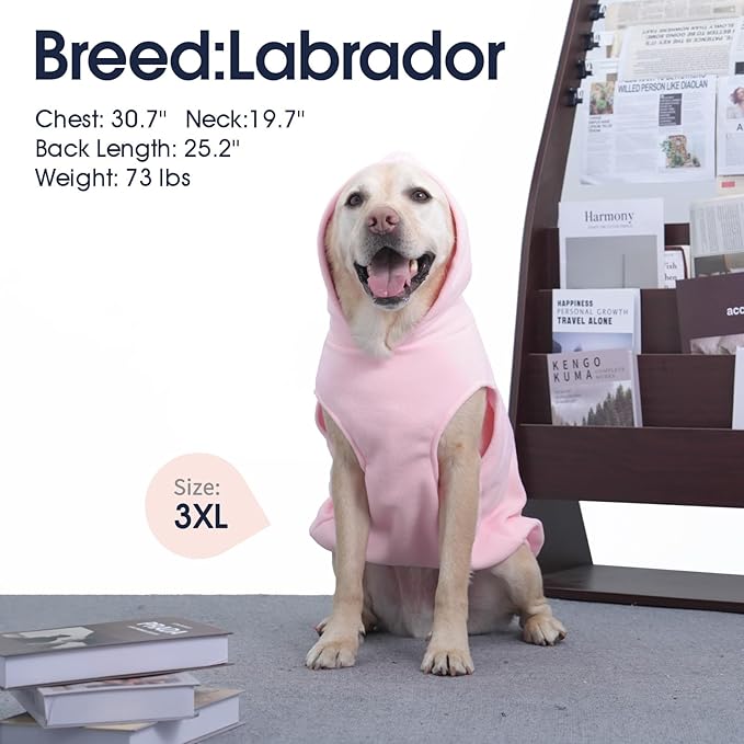 IECOii XL Dog Sweater & Pullover Hoodie for Large Dogs, Warm Fleece Layer with Hood for Cold Weather, Boys & Girls, Pink, Size XL