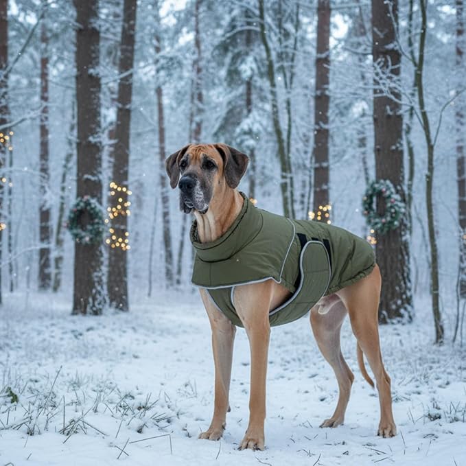 ASENKU Extra Warm Dog Coat - Winter Jacket with Fleece, Reflective, Adjustable, Zippered Leash Hole for Large Dogs (Green, 3XL)