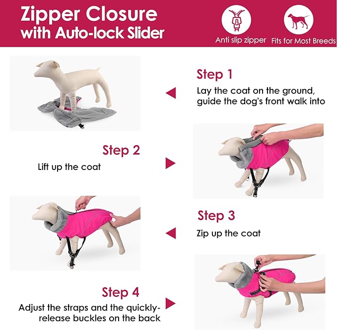 AOFITEE Dog Jacket with Harness Built in, Waterproof Dog Coat for Small Dogs, Warm Fleece Pet Puffer Vest with Zipper on Back & Furry Collar, Reflective Dogs Snow Jacket Small Pet Snowsuit, Pink S