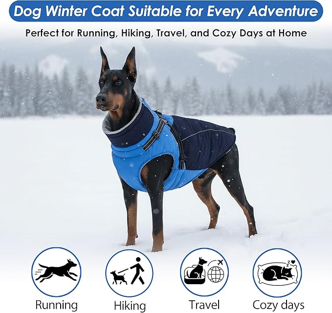 ASENKU Reflective Dog Coat with Built-in Harness, Windproof Fleece-Lined Dog Jacket for Small, Medium, Large Dogs, Warm Winter Vest with Turtleneck & Zipper (Navyblue XL)