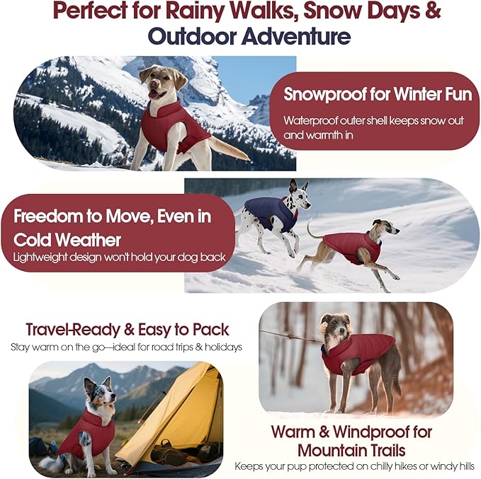 QBLEEV Reversible Dog Jacket for Large Dogs, Waterproof Windproof Winter Coat with Adjustable Hook & Loop Design, Lightweight Puffer Vest Keeps Dogs Warm & Dry, Wine Red, XL – Fits Pitbull, Boxer