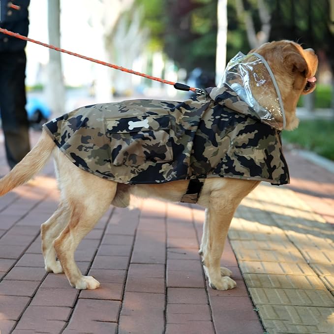 Waterproof Dog Raincoat, Adjustable Reflective Lightweight Pet Rain Clothes with Poncho Hood(X-Small,Camo)