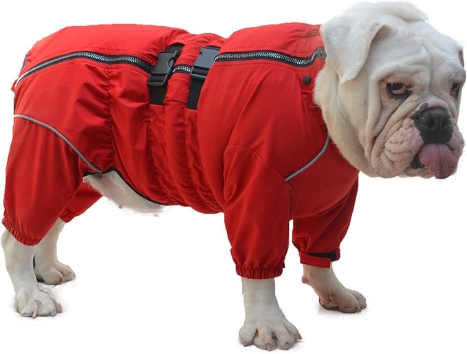 Dogs Waterproof Jacket, Lightweight Waterproof Jacket Reflective Safety Dog Raincoat Windproof Snow-Proof Dog Vest for Pugs English French Bulldog American Pit Bull Red B-M