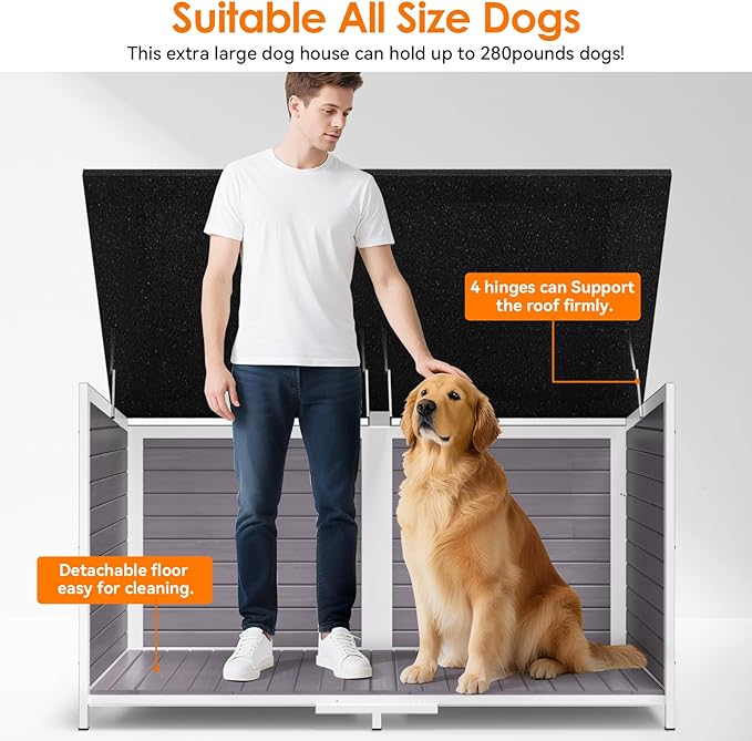 Outdoor Dog House with Insulated Liner, 59" Extra Large Breed Dog Kennel, Keep Warm in Winter Outside, Heated Anti-Chewing Metal Frame Design for Small Medium Large Dogs(Grey)