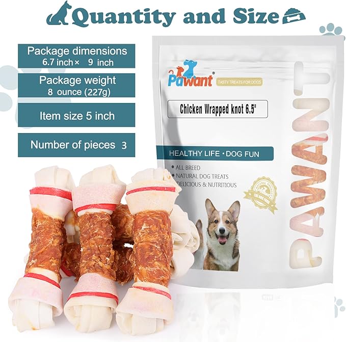 Dog Treats Chicken Wrapped Rawhide Bones for Small Dog Treats Puppy Chews Snacks Promotes Healthy Chewing Chicken Wrapped Knot 6.5" 0.5lb