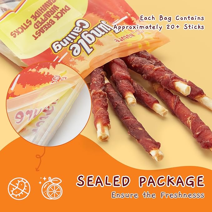 Jungle Calling Dog Treats, Duck Breast Wrapped Rawhide Sticks for Dogs, Grain-Free Natural Chewy Treats Picky Dogs, Puppy Chews Snacks,10.6 oz (Pack of 2)