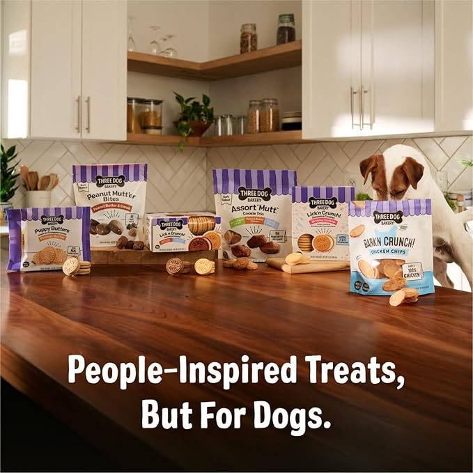 Three Dog Bakery Bark’N Crunch! Chicken Chips, Medium 8oz, Crunchy Dog Treats, Single Ingredient, High Protein Snacks, Chicken Treats, Low Calorie Healthy Training Treat, Made in The USA