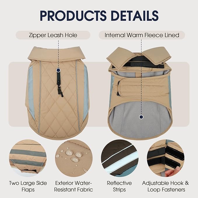 IECOii Dog Cold Weather Coats - Waterproof Winter Snow Jacket with Cozy Fleece Lining, Adjustable & Reflective Coat for Pitbull Cold Weather, Mashine Washable, Khaki, Sizes XL