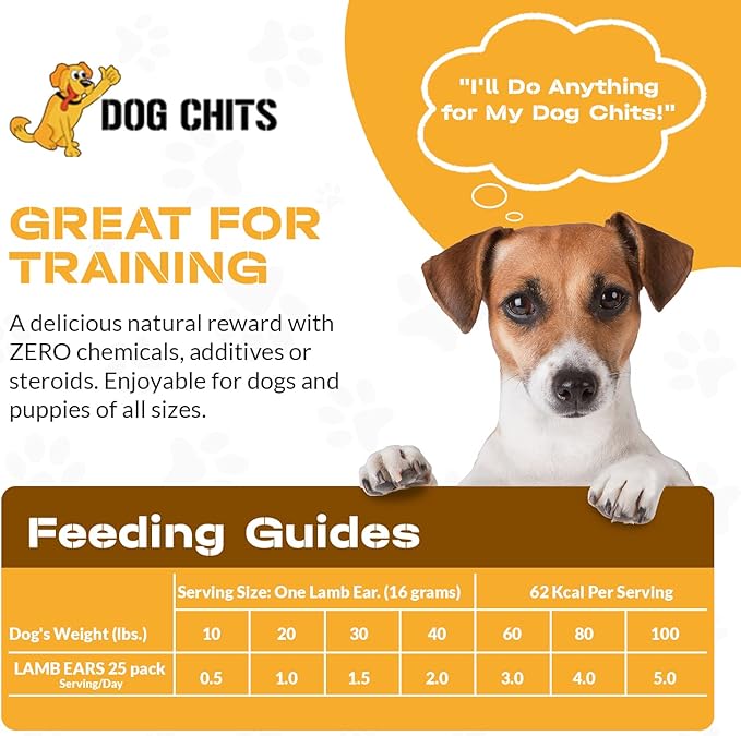 Dog Chits Lamb Ears for Dogs – 100% Natural Baked Lamb Ear Dog Treats – Grain-Free, High Protein, Lower Fat Training Chews – Dental Health & Joint Support – for Large, Medium Dogs – 25 Pack