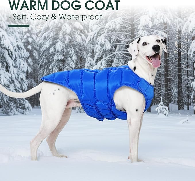 Kuoser Dog Puffer Jacket Warm Dog Coat for Extra Large Dogs, Windproof Reflective Pet Padded Vest Cold Weather Clothes Puppy Snowsuit with Hook & Loop Coats, Easy On/Off, Blue 2XL