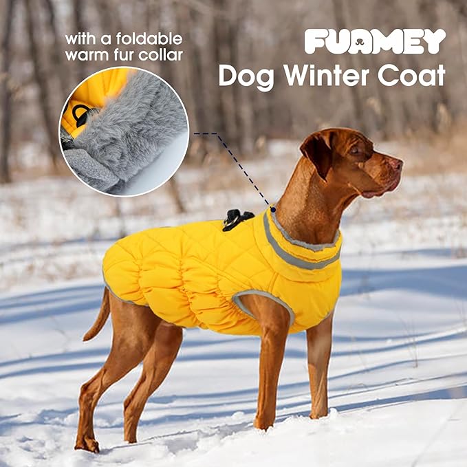 FUAMEY Dog Coat for Large Dogs,Waterproof Dog Winter Jacket with Harness Built in Puppy Cold Weather Coats Reflective Pet Vest with Zipper Warm Fleece Dogs Snowsuit Windproof Yellow L