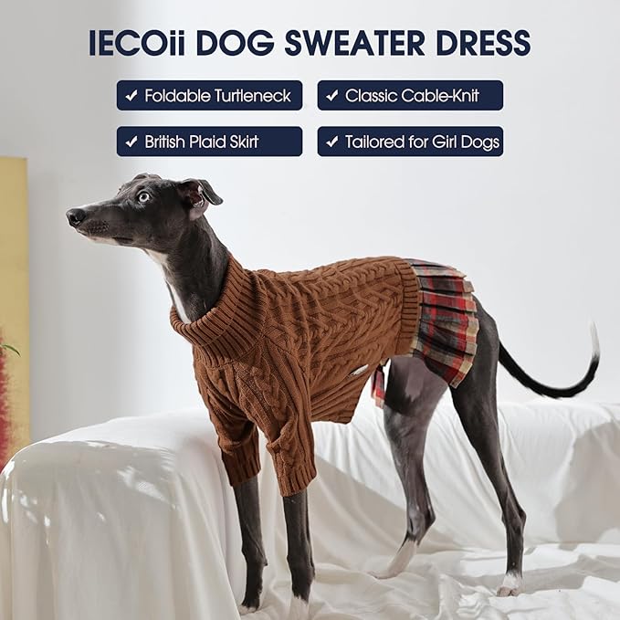 IECOii Girl Dog Sweater Dress, Great Dane Sweaters for Girl Dogs, Caramel,5XL, Extra Large Dog Sweater for Female Dogs Pet Winter Dress for Giant Breeds - Xmas Turtleneck Knitwear for Cold Weather