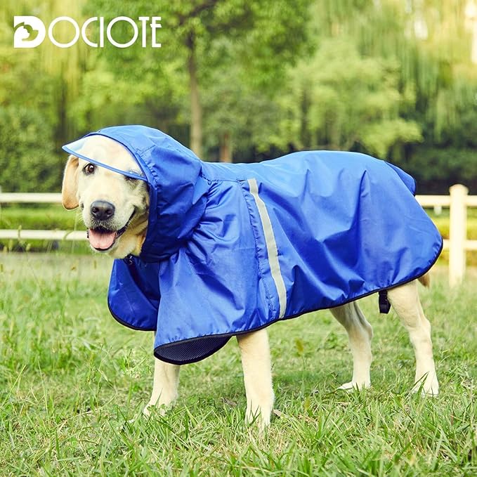 Dog Rain Jacket Raincoat with Adjustable Belly Strap and Leash Hole - Hoodie with Reflective Strip - Waterproof Slicker Lightweight Breathable for Medium Large Dogs - Easy to Wear, Blue 6XL