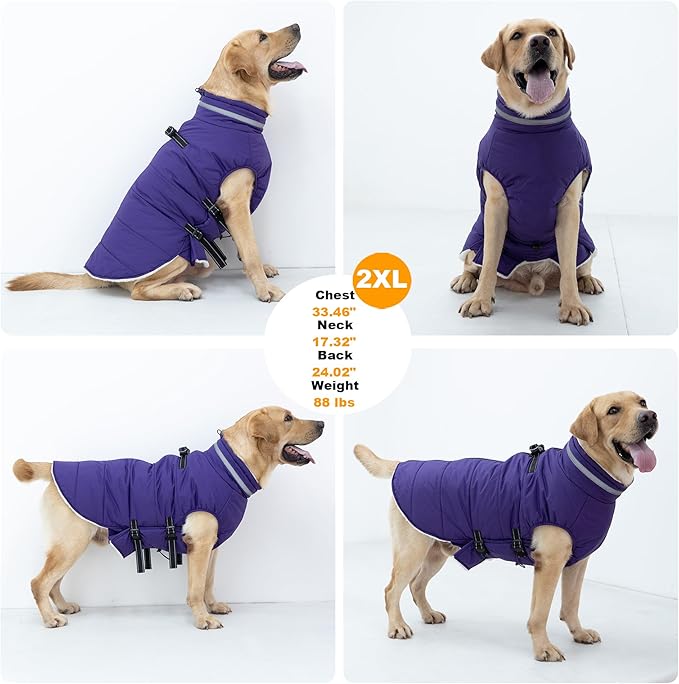 Small Dog Coat with Harness Built-in, Waterproof Reflective Fleece Lined - Warm Windproof Winter Jacket with Back Zipper, Cold Weather Snow Dog Coats - Purple - S