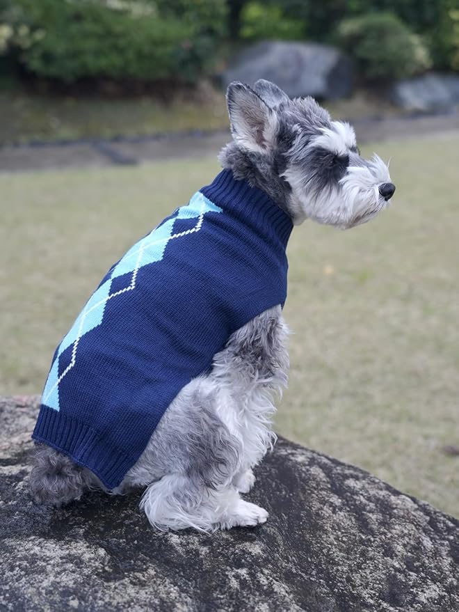 Alemon Blue Argyle Cable Knit Turtleneck Sweater for Medium Dogs Knitwear Girl Boy Dog Sweater Back Length 19"
